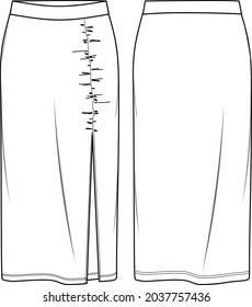 Vector midi skirt with gathering detail fashion CAD, woman jersey or woven fabric  smocked skirt with side slit technical drawing, flat, sketch, template, mock up. Front back view, white color