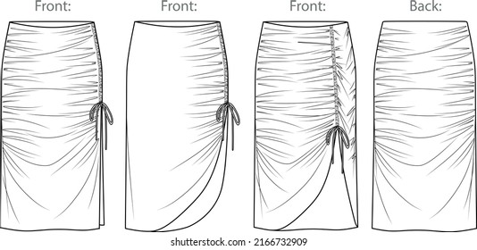 Vector midi skirt with gathering detail fashion CAD, woman jersey or woven fabric  smocked long skirt with side slit technical drawing, flat, sketch, template, mock up. Front back view, white color