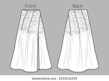 Vector midi skirt with gathering detail fashion CAD, woman jersey or woven fabric  smocked long skirt with front slit technical drawing, flat, sketch, template, mock up. Front back view, white color