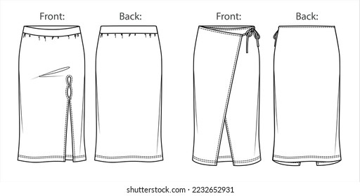 Vector midi skirt with loop detail fashion CAD, woman jersey or woven fabric  wrapped long skirt with bow technical drawing, flat, sketch, template, mock up. 2 pieces set, front back view, white color