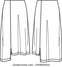 Vector midi skirt with slits fashion CAD, woman relaxed fit skirt technical drawing, jersey or woven fabric female bottom silhouette template, sketch, flat. Front, back view, white color, a shape