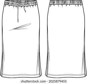 Vector midi sweatskirt with elasticized waistband fashion CAD, woman jersey or woven fabric  skirt with side slits technical drawing, flat, sketch, template, mock up. Front back view, white color