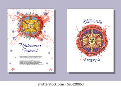 Vector midsummer festival flyer, booklet advertising, card template, two design versions. Hand drawn illustration for celebrating summer solstice in june.