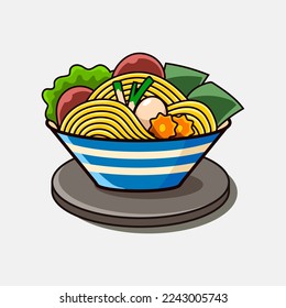 Vector mie ayam o ramen con varios topping.