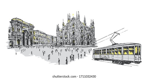 Vector Milan cathedral hand drawn illustration. Architectural sketch of the Duomo and tram.