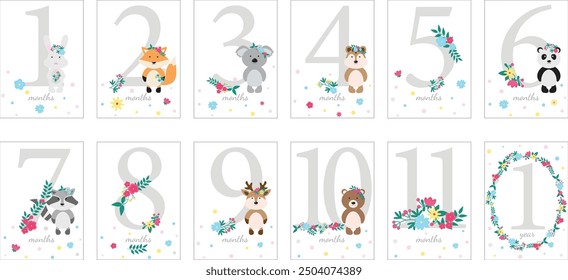 Vector Tarjetas de hito con números, flores, animales lindos para niño o niña. Bebé primeros 12 meses. Estampados de Naturaleza para niños. Captura todos los momentos especiales del bebé recién nacido