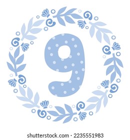 Vector milestone stickers with flowers and number 9. Monthly baby boy label. First year baby age sticker.