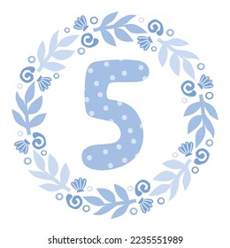 Etiquetas de hitos vectoriales con flores y número 5. Etiqueta mensual de bebé. Pegatina de la edad del bebé de primer año.