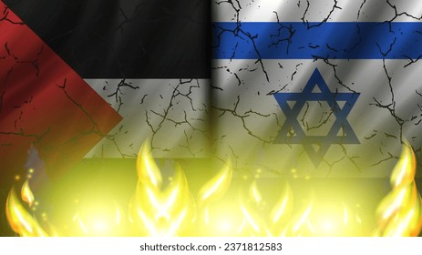 Vector military banner. Cracked wavy flags of Palestine and Israel on fire. Conflict and fighting.