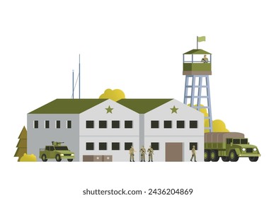 Vector military base building and vehicle or infographic elements military base buildings for city illustration