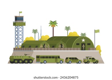 Edificio de base militar vectorial y vehículos o elementos infográficos edificios de base militar para ilustración de ciudad