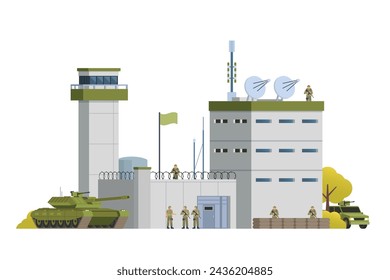 Edificio de base militar vectorial y vehículos o elementos infográficos edificios de base militar para ilustración de ciudad