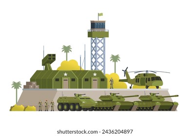 Vektor-Militärstützpunkt Gebäude und Fahrzeug- oder Infografik-Elemente Militärstützpunkt Gebäude für Stadt-Illustration