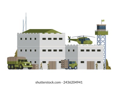 Vector military base building and vehicle or infographic elements military base buildings for city illustration