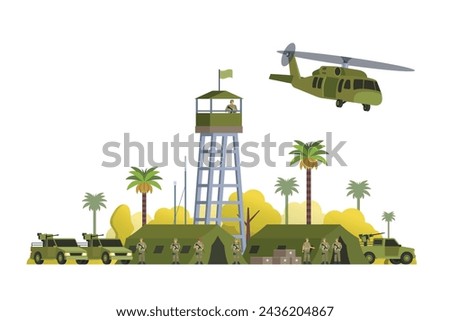 Vector military base building and vehicle or infographic elements military base buildings for city illustration