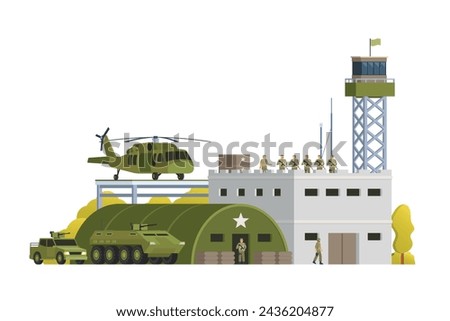 Vector military base building and vehicle or infographic elements military base buildings for city illustration