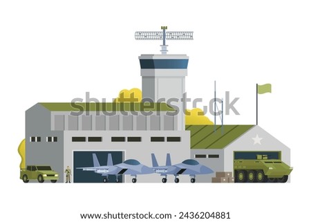 Vector military base building and vehicle or infographic elements military base buildings for city illustration