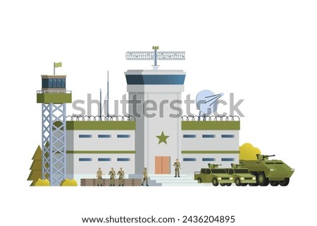 Vector military base building and vehicle or infographic elements military base buildings for city illustration
