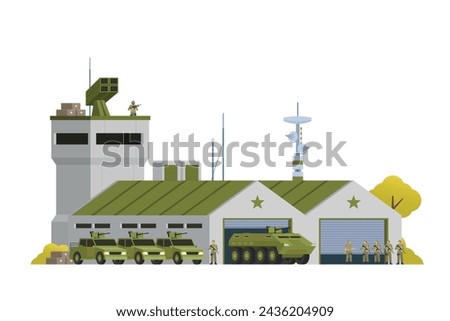 Vector military base building and vehicle or infographic elements military base buildings for city illustration