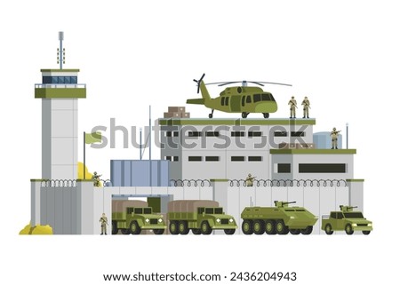 Vector military base building and vehicle or infographic elements military base buildings for city illustration