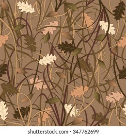 Vector military camouflage seamless pattern with grass and leaves . Illustration can be used for wallpaper, pattern fills, web page background, print on fabric or wrapping paper. 