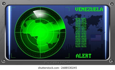 Panel de radar digital militar Vector. Mapa verde iluminado de la República Bolivariana de Venezuela. Alerta. Mapa mundial. Bandera de los Estados Unidos. Equipo tecnológico