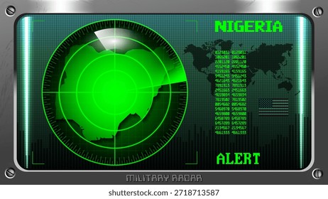 Painel de radar digital militar. Mapa verde iluminado da República Federal da Nigéria. Alerta. Mapa do mundo. Bandeira dos EUA. Equipamento tecnológico