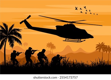 vector military helicopter and soldier background silhouette