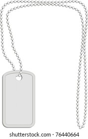 Vector military identity tag (dog tag, identity plate) with  metal chain of spheres on  white background isolated