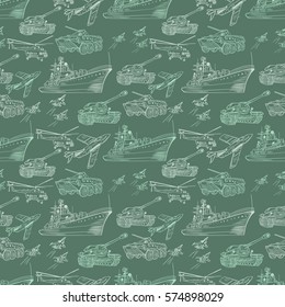 Vector Military Pattern | Seamless army texture with transport sketch icons on green camouflage background