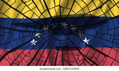 Militärisches Vektorposter. Zerbrochene und zerrissene Nationalflagge von Venezuela. Venezolanisches Banner. Dunkler Schatten des amerikanischen Bomberflugzeugs mit Bombe. Ruiniert