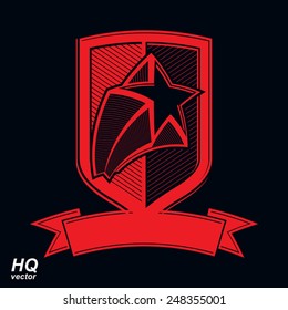 Vector military shield with pentagonal comet star, protection heraldic sheriff blazon. Forces graphical coat of arms. 