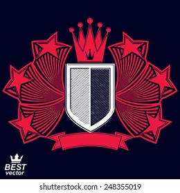 Vector military shield with pentagonal comet star, protection heraldic sheriff blazon. Forces graphical coat of arms. 