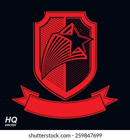 Vector military shield with pentagonal comet star, protection heraldic sheriff blazon. Ussr communistic conceptual symbol. Forces graphical coat of arms. Soviet Union theme.