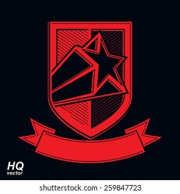 Vector military shield with pentagonal comet star, protection heraldic sheriff blazon. Ussr communistic conceptual symbol. Forces graphical coat of arms. Soviet Union theme.