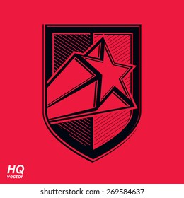 Vector military shield with pentagonal comet star, protection heraldic sheriff blazon. Ussr communistic conceptual symbol. Forces graphical coat of arms. Soviet Union theme.