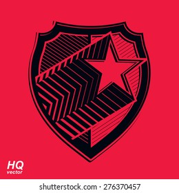 Vector military shield with pentagonal comet star, protection heraldic sheriff blazon. Ussr communistic conceptual symbol. Forces graphical coat of arms. Soviet Union theme.

