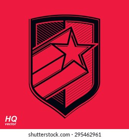 Vector military shield with pentagonal comet star, protection heraldic sheriff blazon. Forces graphical coat of arms. Soviet Union theme.