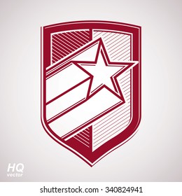 Vector military shield with pentagonal comet star, red protection heraldic sheriff blazon. Forces graphical coat of arms. Soviet Union theme.