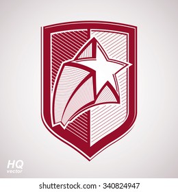 Vector military shield with pentagonal comet star, red protection heraldic sheriff blazon. Forces graphical coat of arms. Soviet Union theme.