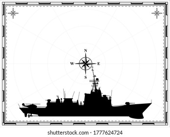 Vector military ship on the background of the map. Wind rose. Vector illustration.