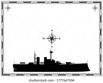 Vector military ship on the map background with windrose. Vector illustration.