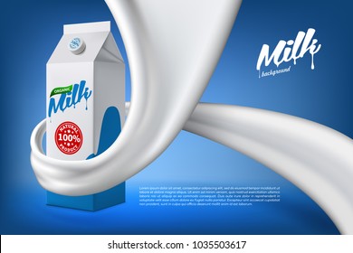 Vector Milk Background Banner, Ready Mockup For Your Design. Beverage Product Concept Realistic Illustration With Milk Or Yogurt Swirl And Packaging Carton Box.