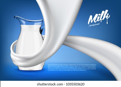 Vector Milk Background Banner, Ready Mockup For Your Design. Beverage Product Concept Realistic Illustration With Milk Or Yogurt Swirl And Full Glass Jug.