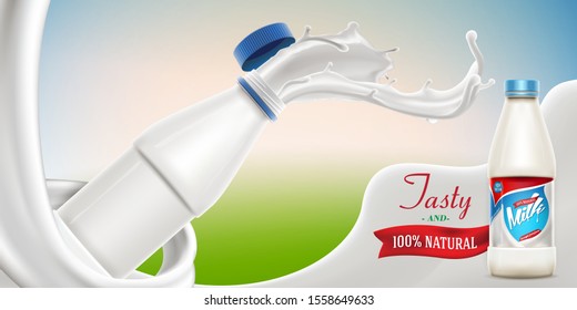 Vector milk background banner, ready mockup for your design. Beverage product concept realistic illustration with milk or yogurt swirl and milk bottle.