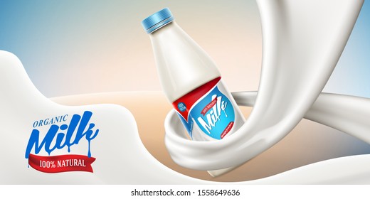 Vector milk background banner, ready mockup for your design. Beverage product concept realistic illustration with milk or yogurt swirl and milk bottle.