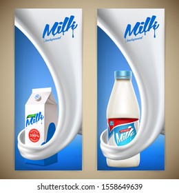 Vector milk background banner, ready mockup for your design. Beverage product concept realistic illustration with milk or yogurt swirl packaging carton box and milk bottle.