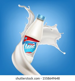 Banner de fondo de leche vectorial, maquillaje listo para su diseño. Concepto de producto de bebida ilustrativo realista con leche o yogur remolino y botella de leche.