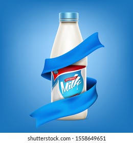 Vector milk background banner, ready mockup for your design. Beverage product concept realistic illustration with milk or yogurt swirl and milk bottle.