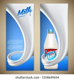 Vector milk background banner, ready mockup for your design. Beverage product concept realistic illustration with milk or yogurt swirl and milk bottle.